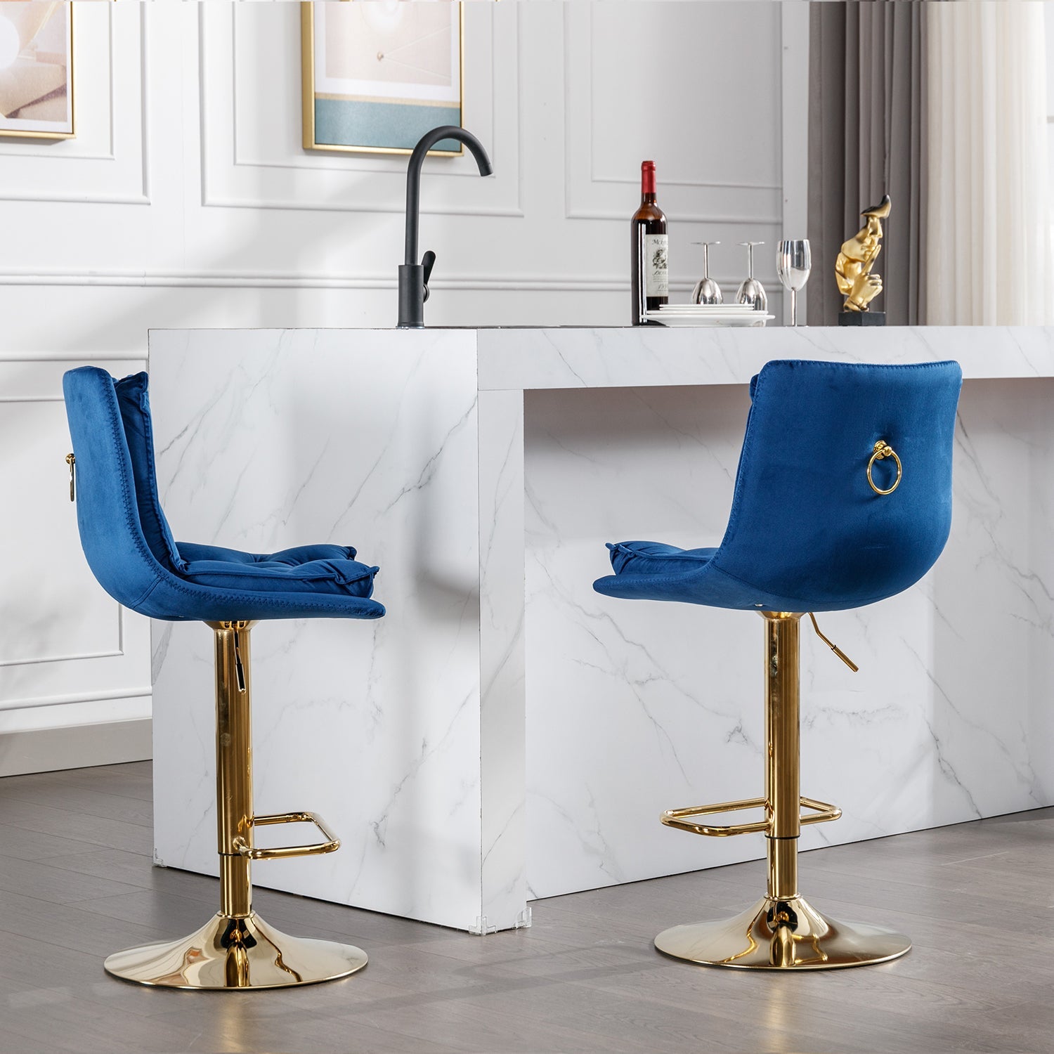 Set of 2 Bar Stools,with Chrome Footrest and Base Swivel Height Adjustable Mechanical Lifting Velvet + Golden Leg Simple Bar Stoo,blue - 1st Choice Furniture Direct