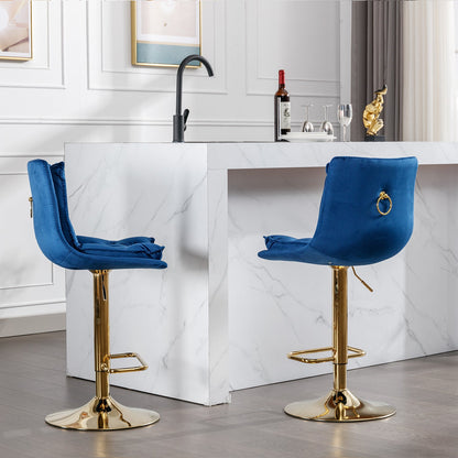 Set of 2 Bar Stools,with Chrome Footrest and Base Swivel Height Adjustable Mechanical Lifting Velvet + Golden Leg Simple Bar Stoo,blue - 1st Choice Furniture Direct