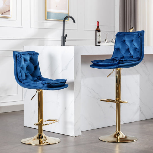 Set of 2 Bar Stools,with Chrome Footrest and Base Swivel Height Adjustable Mechanical Lifting Velvet + Golden Leg Simple Bar Stoo,blue - 1st Choice Furniture Direct