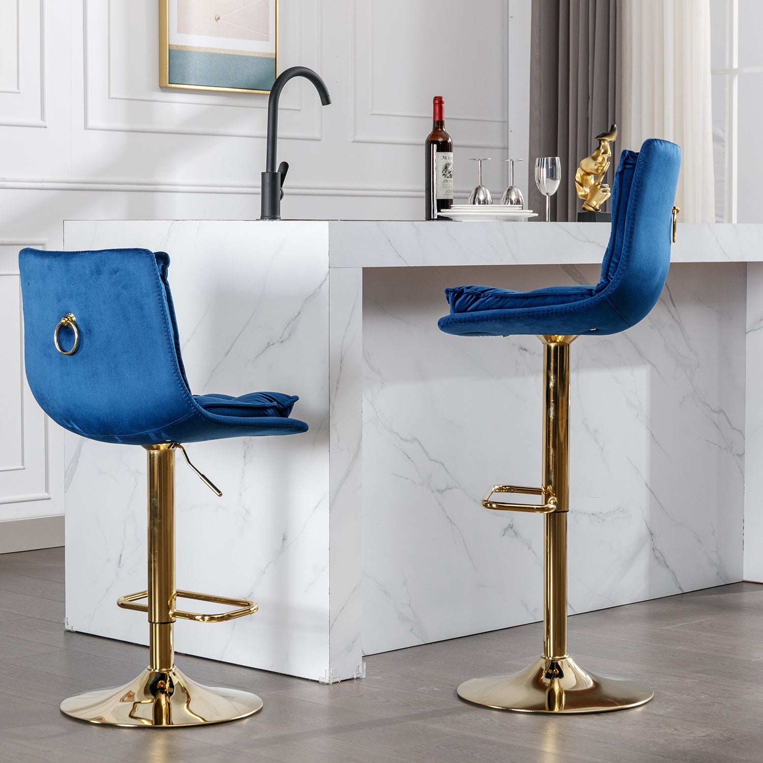Set of 2 Bar Stools,with Chrome Footrest and Base Swivel Height Adjustable Mechanical Lifting Velvet + Golden Leg Simple Bar Stoo,blue - 1st Choice Furniture Direct