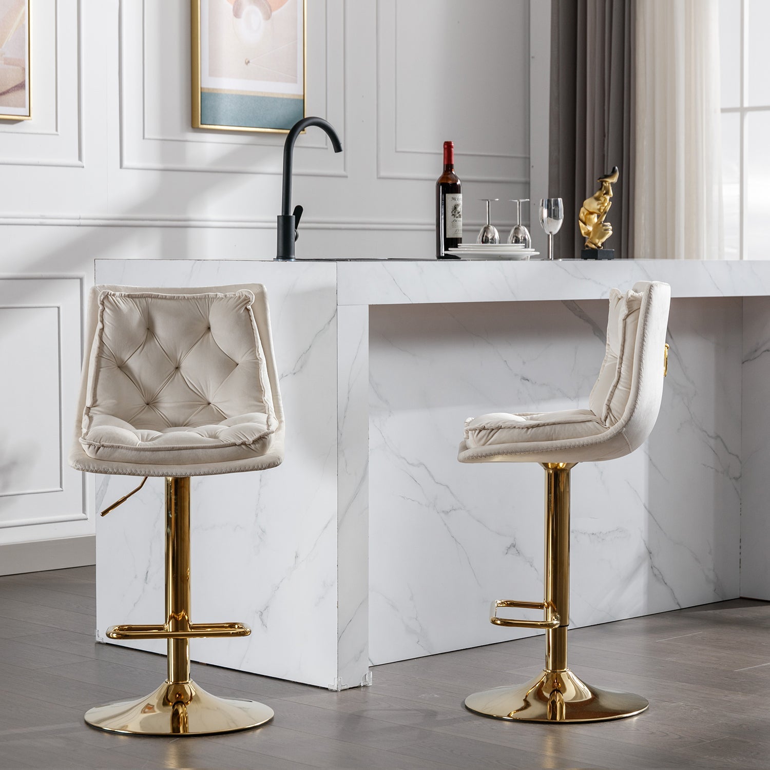 Set of 2 Bar Stools,with Chrome Footrest and Base Swivel Height Adjustable Mechanical Lifting Velvet + Golden Leg Simple Bar Stoo,cream - 1st Choice Furniture Direct