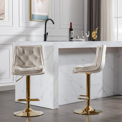 Set of 2 Bar Stools,with Chrome Footrest and Base Swivel Height Adjustable Mechanical Lifting Velvet + Golden Leg Simple Bar Stoo,cream - 1st Choice Furniture Direct