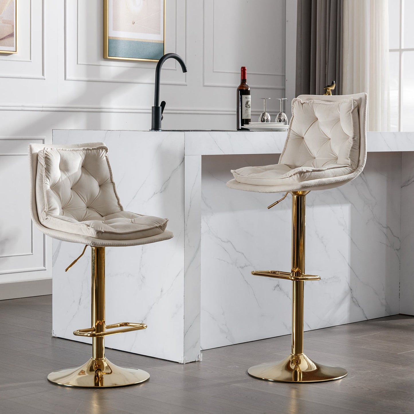 Set of 2 Bar Stools,with Chrome Footrest and Base Swivel Height Adjustable Mechanical Lifting Velvet + Golden Leg Simple Bar Stoo,cream - 1st Choice Furniture Direct