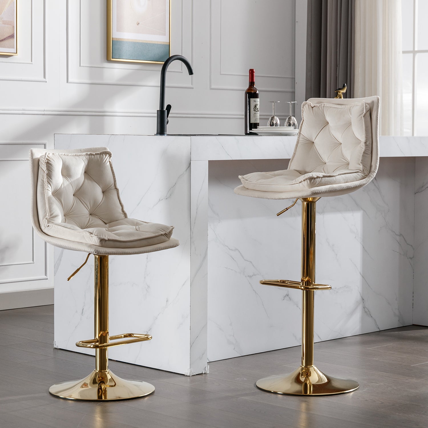 Set of 2 Bar Stools,with Chrome Footrest and Base Swivel Height Adjustable Mechanical Lifting Velvet + Golden Leg Simple Bar Stoo,cream - 1st Choice Furniture Direct