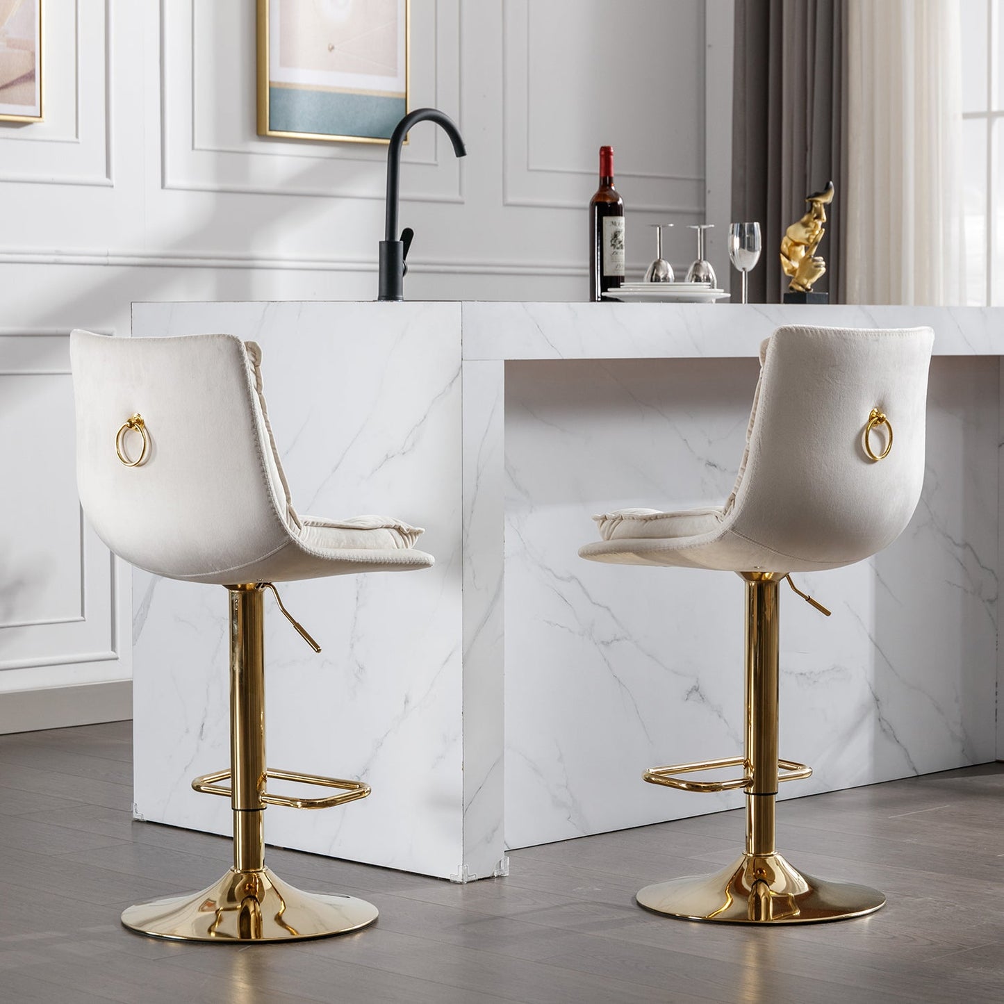 Set of 2 Bar Stools,with Chrome Footrest and Base Swivel Height Adjustable Mechanical Lifting Velvet + Golden Leg Simple Bar Stoo,cream - 1st Choice Furniture Direct
