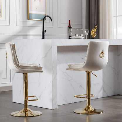 Set of 2 Bar Stools,with Chrome Footrest and Base Swivel Height Adjustable Mechanical Lifting Velvet + Golden Leg Simple Bar Stoo,cream - 1st Choice Furniture Direct