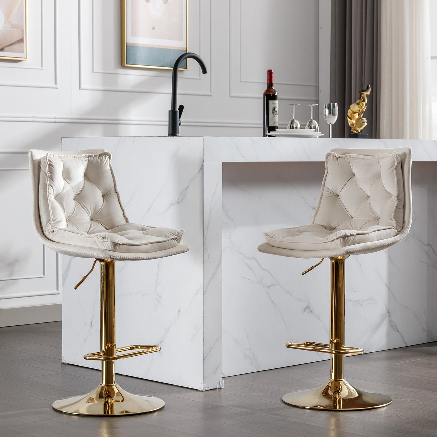 Set of 2 Bar Stools,with Chrome Footrest and Base Swivel Height Adjustable Mechanical Lifting Velvet + Golden Leg Simple Bar Stoo,cream - 1st Choice Furniture Direct