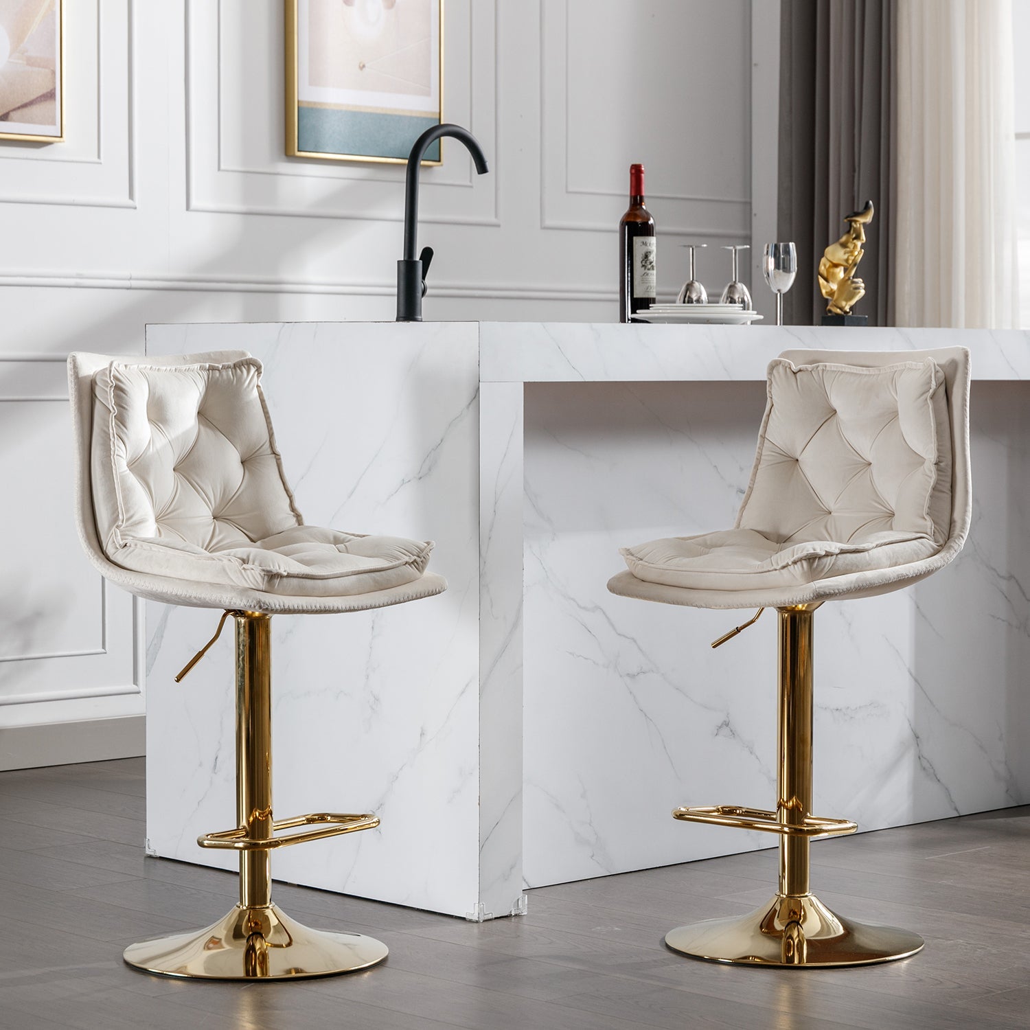Set of 2 Bar Stools,with Chrome Footrest and Base Swivel Height Adjustable Mechanical Lifting Velvet + Golden Leg Simple Bar Stoo,cream - 1st Choice Furniture Direct