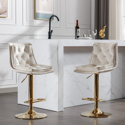 Set of 2 Bar Stools,with Chrome Footrest and Base Swivel Height Adjustable Mechanical Lifting Velvet + Golden Leg Simple Bar Stoo,cream - 1st Choice Furniture Direct