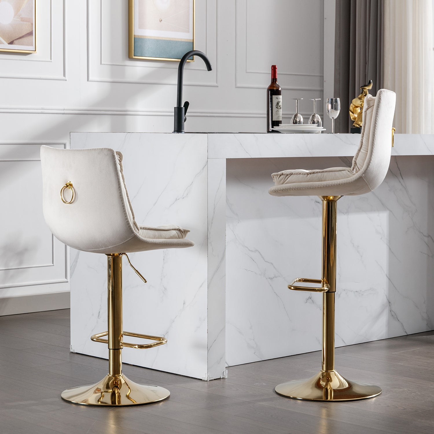 Set of 2 Bar Stools,with Chrome Footrest and Base Swivel Height Adjustable Mechanical Lifting Velvet + Golden Leg Simple Bar Stoo,cream - 1st Choice Furniture Direct