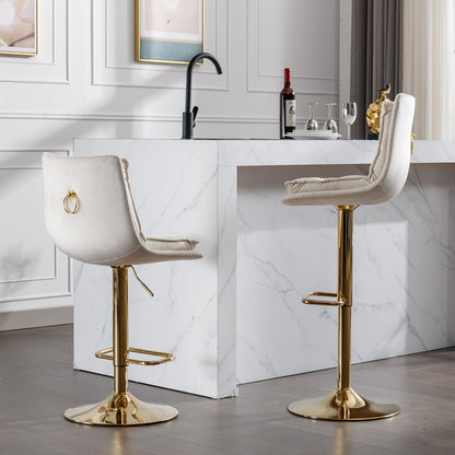 Set of 2 Bar Stools,with Chrome Footrest and Base Swivel Height Adjustable Mechanical Lifting Velvet + Golden Leg Simple Bar Stoo,cream - 1st Choice Furniture Direct