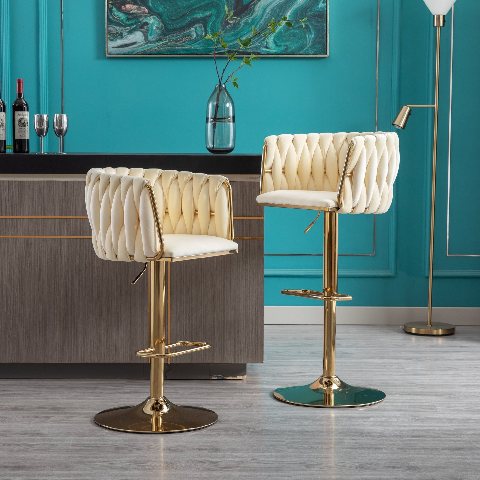 Set of 2 Bar Stools,with Chrome Footrest and Base Swivel Height Adjustable Mechanical Lifting Velvet + Golden Leg Simple Bar Stoo,Ivory - 1st Choice Furniture Direct
