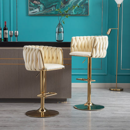 Set of 2 Bar Stools,with Chrome Footrest and Base Swivel Height Adjustable Mechanical Lifting Velvet + Golden Leg Simple Bar Stoo,Ivory - 1st Choice Furniture Direct