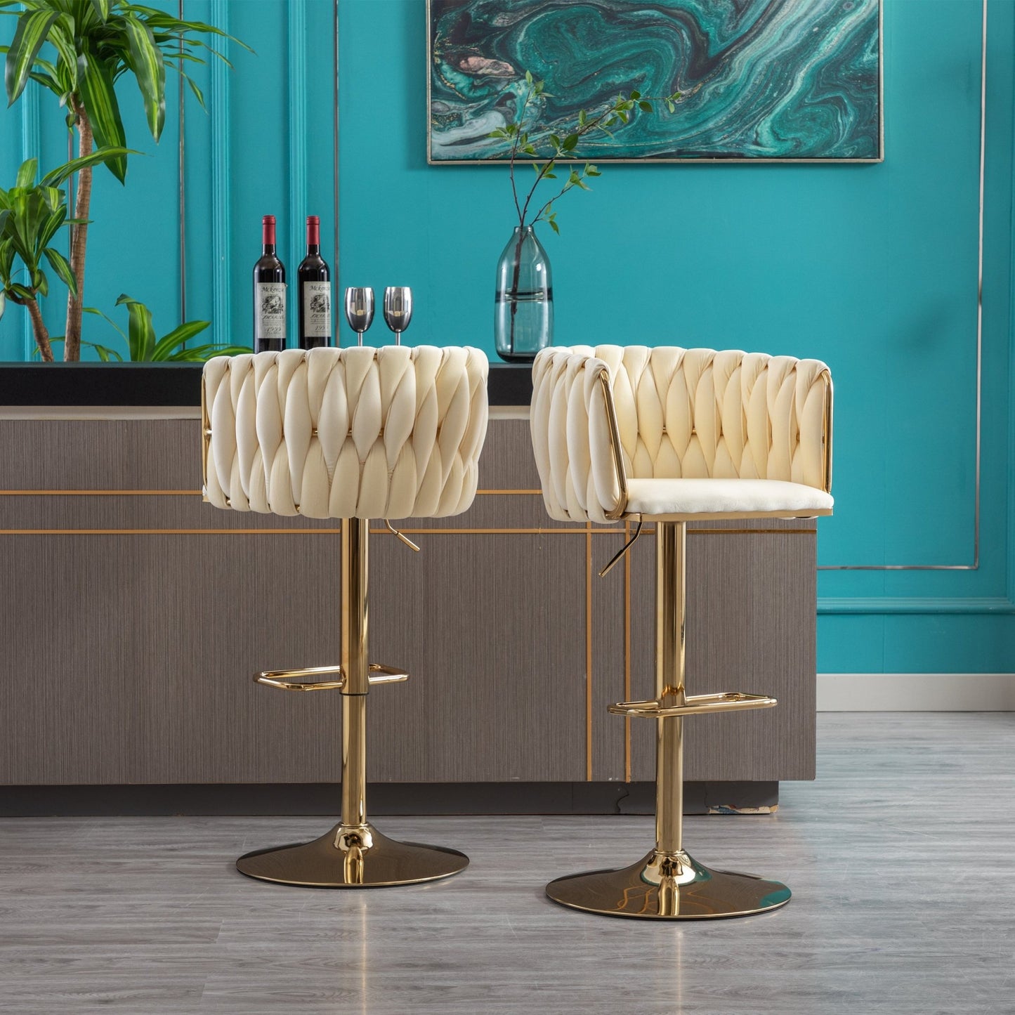 Set of 2 Bar Stools,with Chrome Footrest and Base Swivel Height Adjustable Mechanical Lifting Velvet + Golden Leg Simple Bar Stoo,Ivory - 1st Choice Furniture Direct