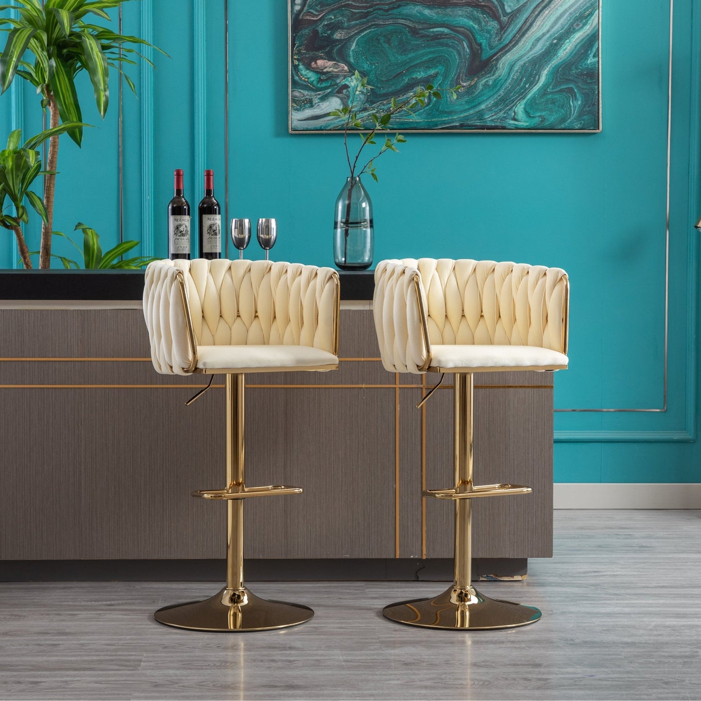 Set of 2 Bar Stools,with Chrome Footrest and Base Swivel Height Adjustable Mechanical Lifting Velvet + Golden Leg Simple Bar Stoo,Ivory - 1st Choice Furniture Direct