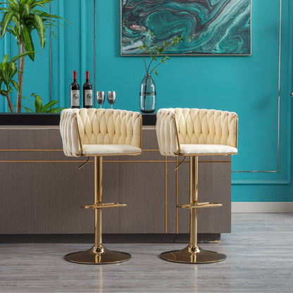 Set of 2 Bar Stools,with Chrome Footrest and Base Swivel Height Adjustable Mechanical Lifting Velvet + Golden Leg Simple Bar Stoo,Ivory - 1st Choice Furniture Direct