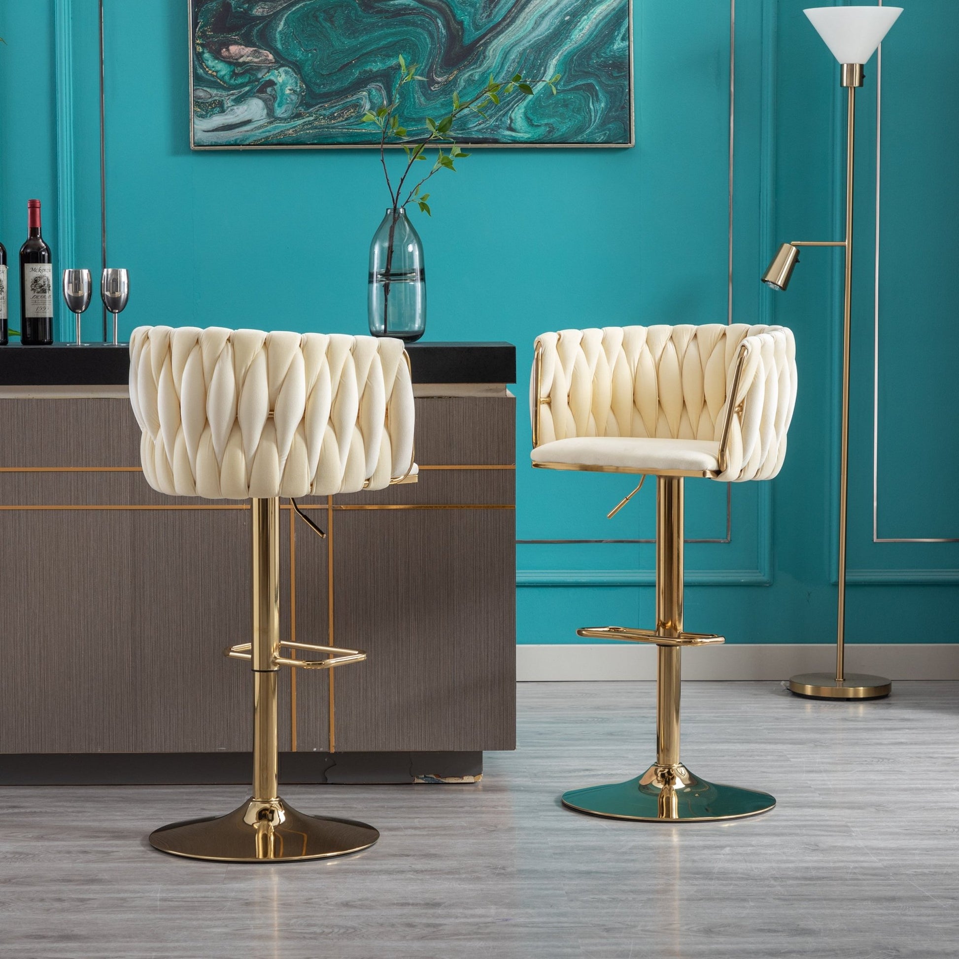 Set of 2 Bar Stools,with Chrome Footrest and Base Swivel Height Adjustable Mechanical Lifting Velvet + Golden Leg Simple Bar Stoo,Ivory - 1st Choice Furniture Direct