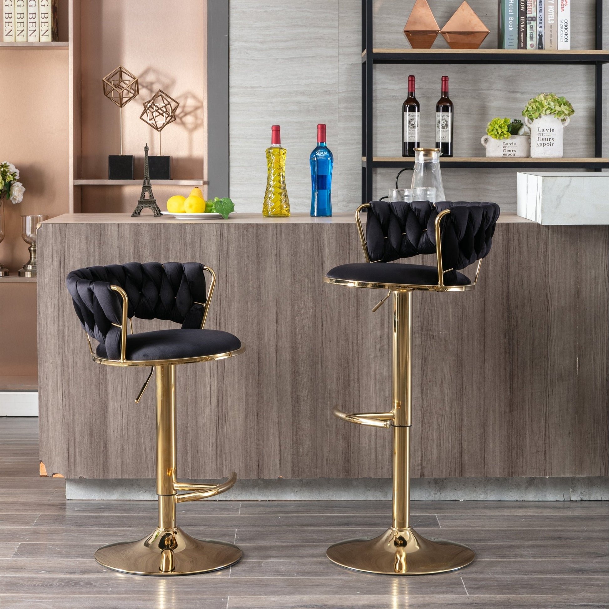 Set of 2 Bar Stools,with Chrome Footrest and Base Swivel Height Adjustable Mechanical Lifting Velvet + Golden Leg Simple Bar Stool - Black - 1st Choice Furniture Direct