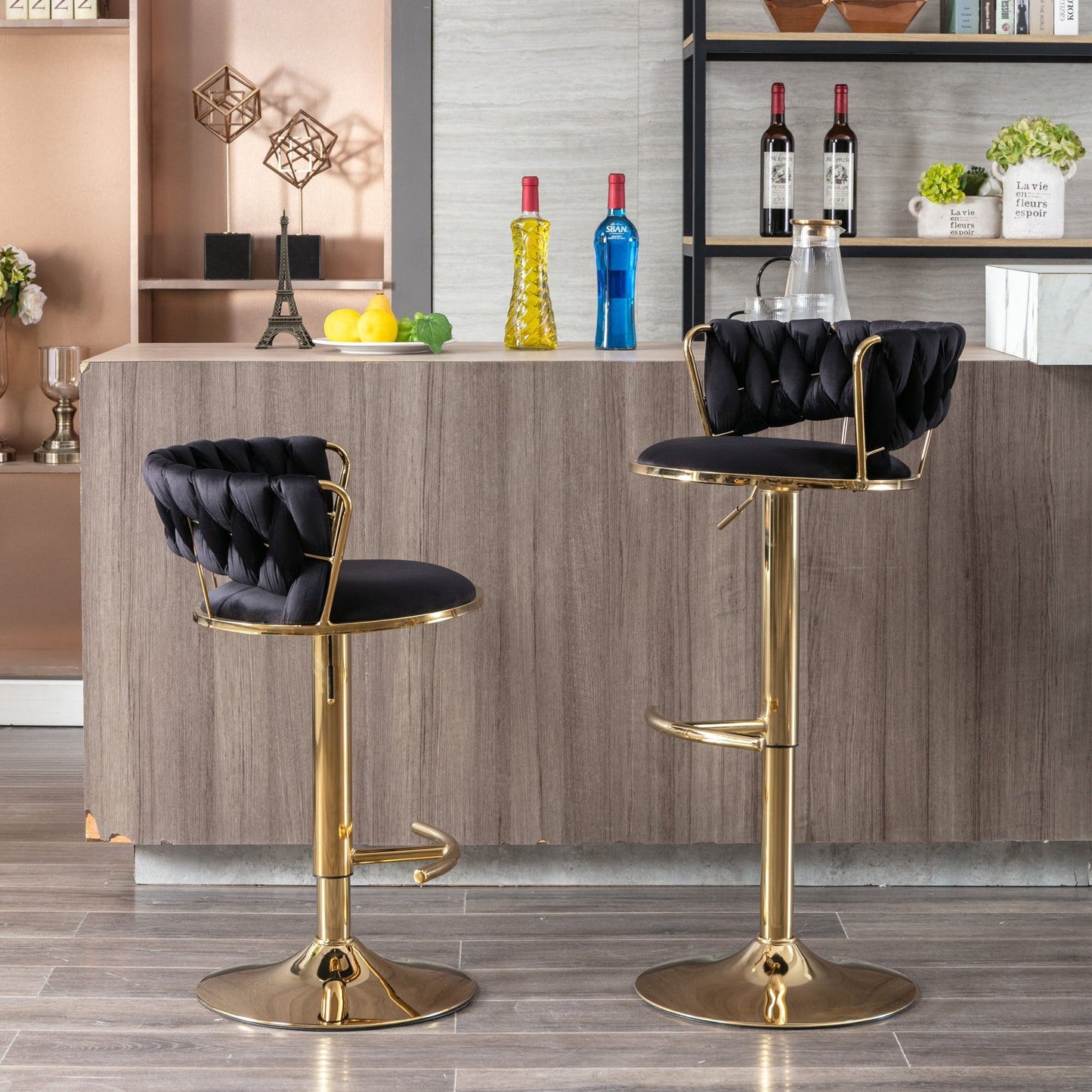 Set of 2 Bar Stools,with Chrome Footrest and Base Swivel Height Adjustable Mechanical Lifting Velvet + Golden Leg Simple Bar Stool - Black - 1st Choice Furniture Direct