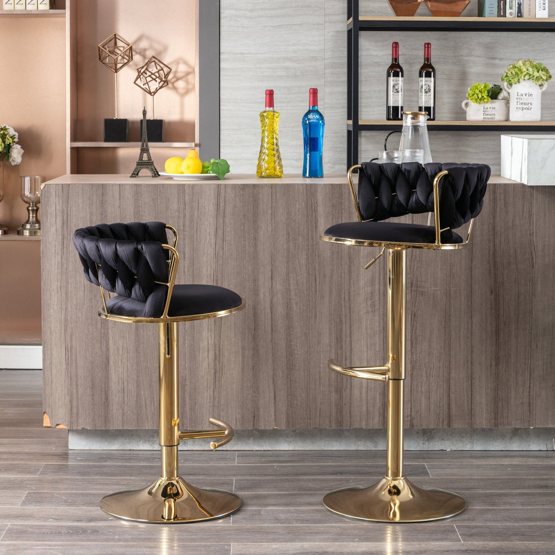 Set of 2 Bar Stools,with Chrome Footrest and Base Swivel Height Adjustable Mechanical Lifting Velvet + Golden Leg Simple Bar Stool - Black - 1st Choice Furniture Direct