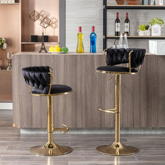 Set of 2 Bar Stools,with Chrome Footrest and Base Swivel Height Adjustable Mechanical Lifting Velvet + Golden Leg Simple Bar Stool - Black - 1st Choice Furniture Direct