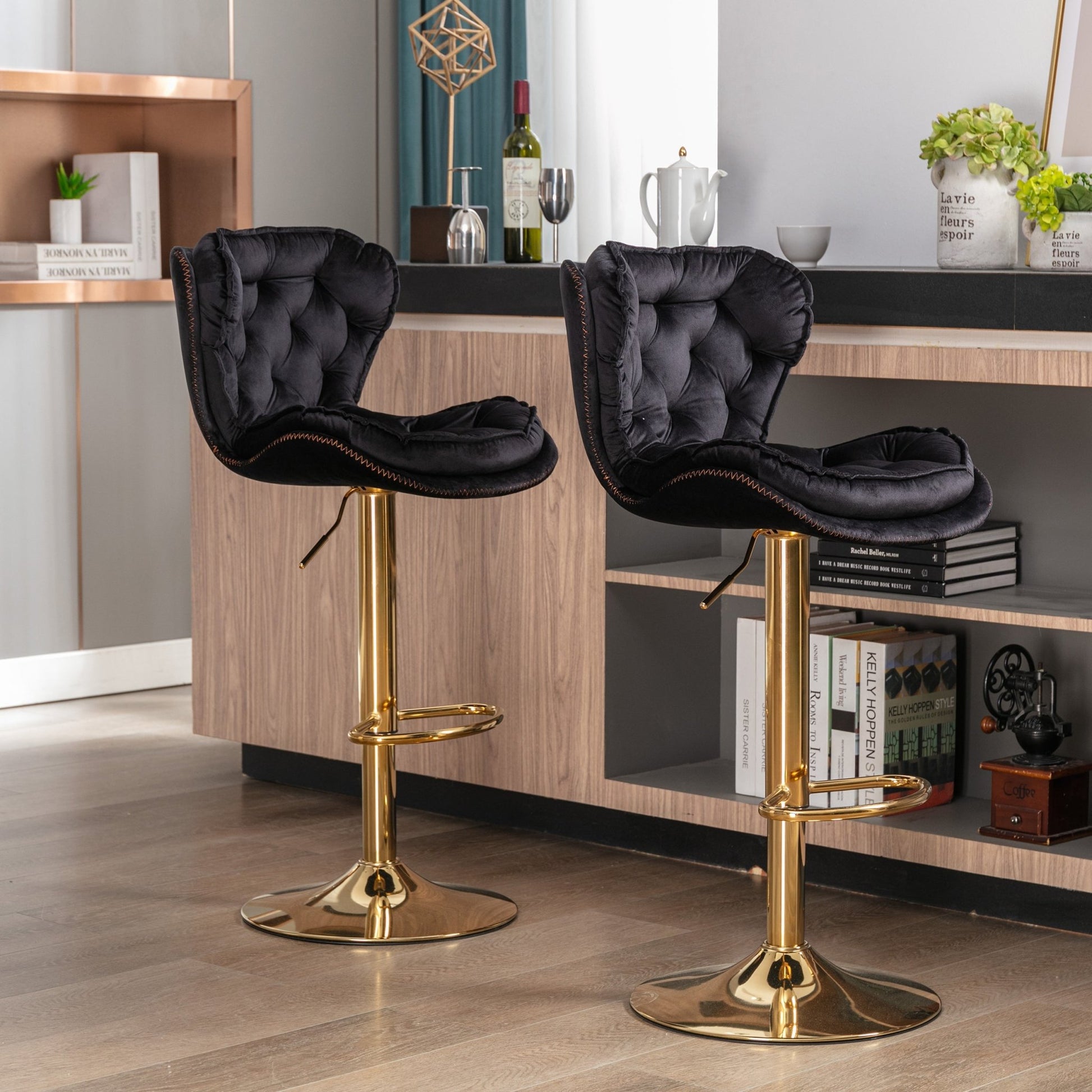 Set of 2 Bar Stools,with Chrome Footrest and Base Swivel Height Adjustable Mechanical Lifting Velvet + Golden Leg Simple Bar Stool - black - 1st Choice Furniture Direct