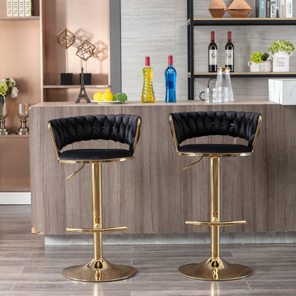 Set of 2 Bar Stools,with Chrome Footrest and Base Swivel Height Adjustable Mechanical Lifting Velvet + Golden Leg Simple Bar Stool - Black - 1st Choice Furniture Direct