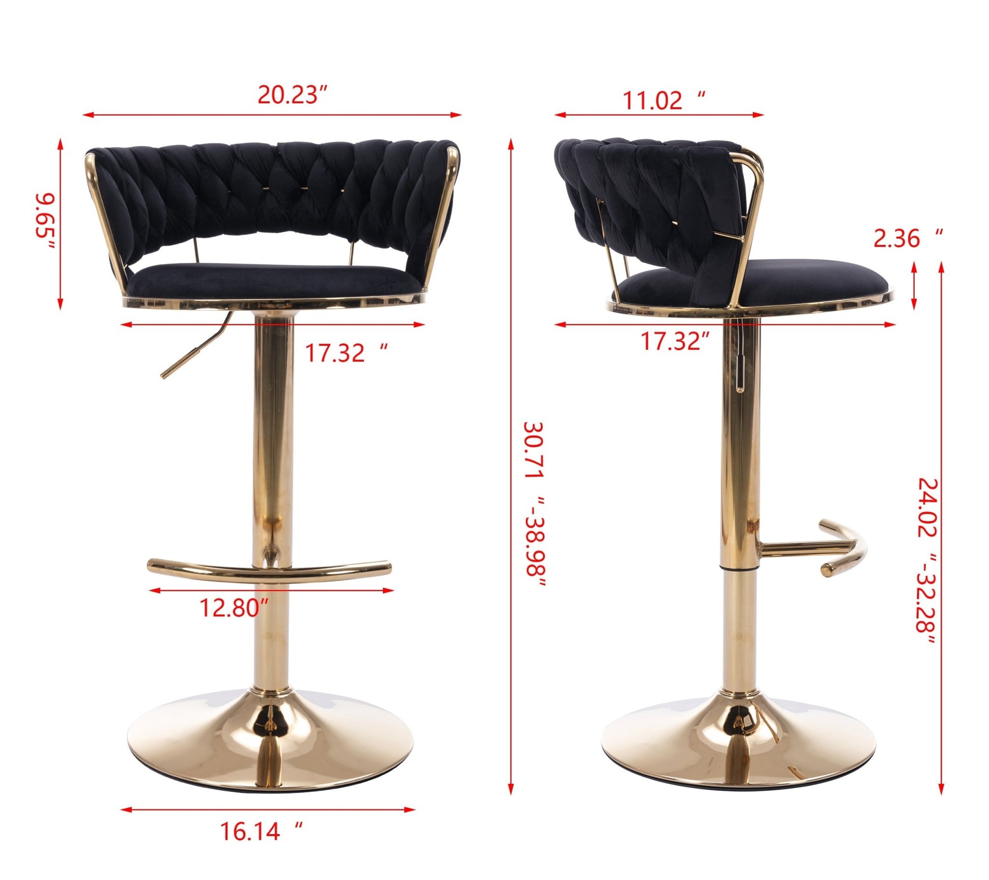 Set of 2 Bar Stools,with Chrome Footrest and Base Swivel Height Adjustable Mechanical Lifting Velvet + Golden Leg Simple Bar Stool - Black - 1st Choice Furniture Direct