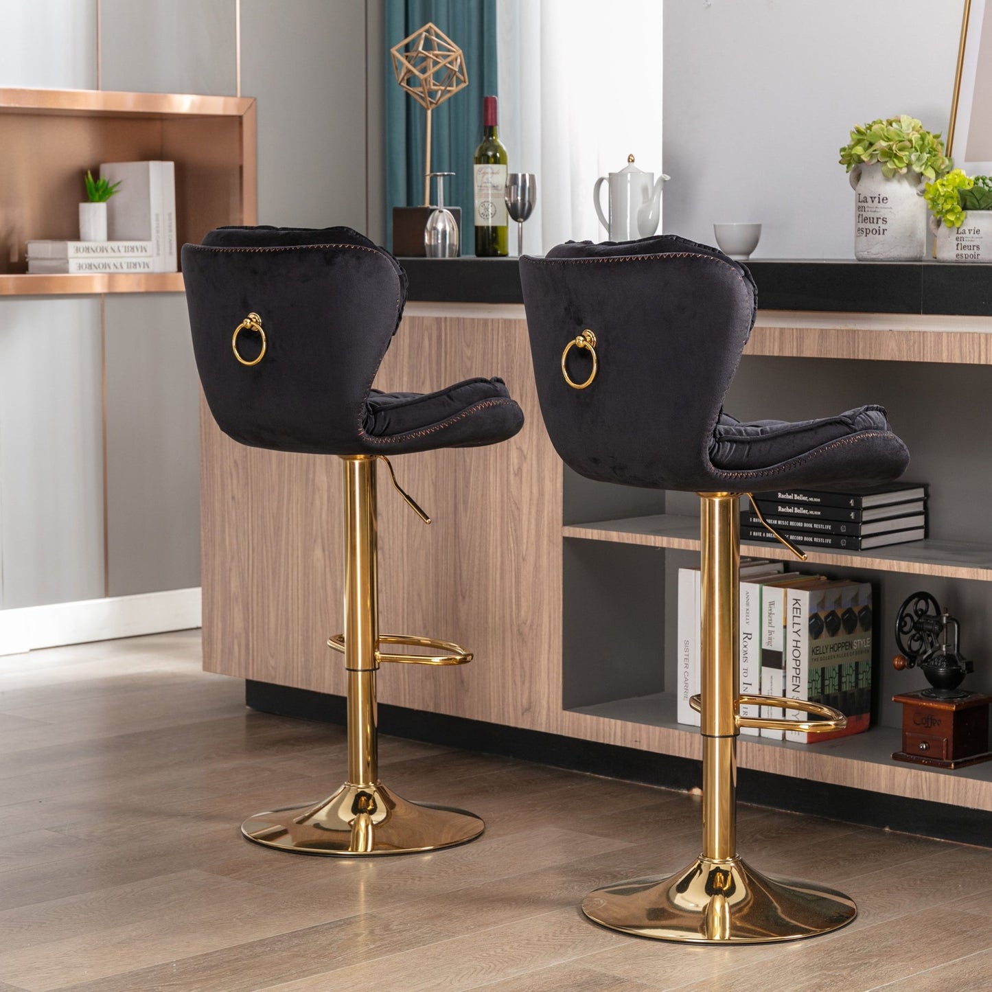 Set of 2 Bar Stools,with Chrome Footrest and Base Swivel Height Adjustable Mechanical Lifting Velvet + Golden Leg Simple Bar Stool - black - 1st Choice Furniture Direct