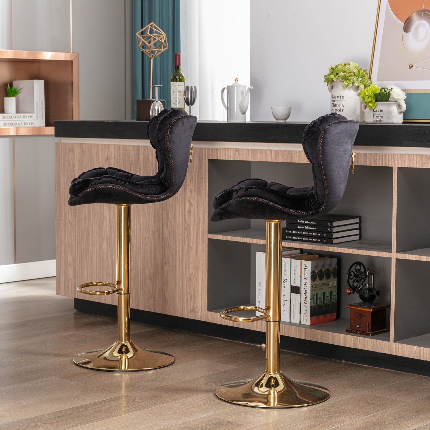 Set of 2 Bar Stools,with Chrome Footrest and Base Swivel Height Adjustable Mechanical Lifting Velvet + Golden Leg Simple Bar Stool - black - 1st Choice Furniture Direct