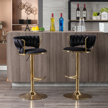 Set of 2 Bar Stools,with Chrome Footrest and Base Swivel Height Adjustable Mechanical Lifting Velvet + Golden Leg Simple Bar Stool - Black - 1st Choice Furniture Direct