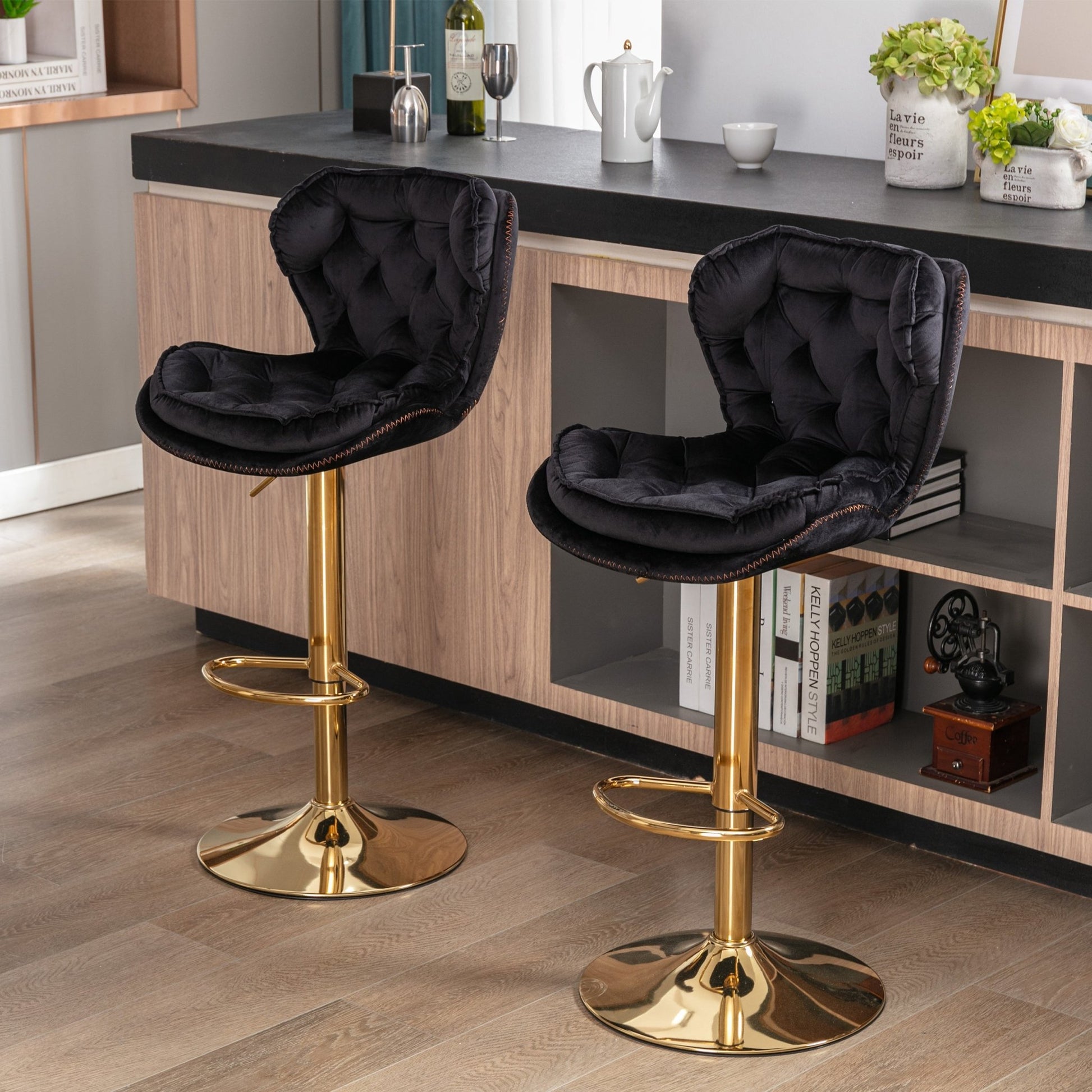 Set of 2 Bar Stools,with Chrome Footrest and Base Swivel Height Adjustable Mechanical Lifting Velvet + Golden Leg Simple Bar Stool - black - 1st Choice Furniture Direct