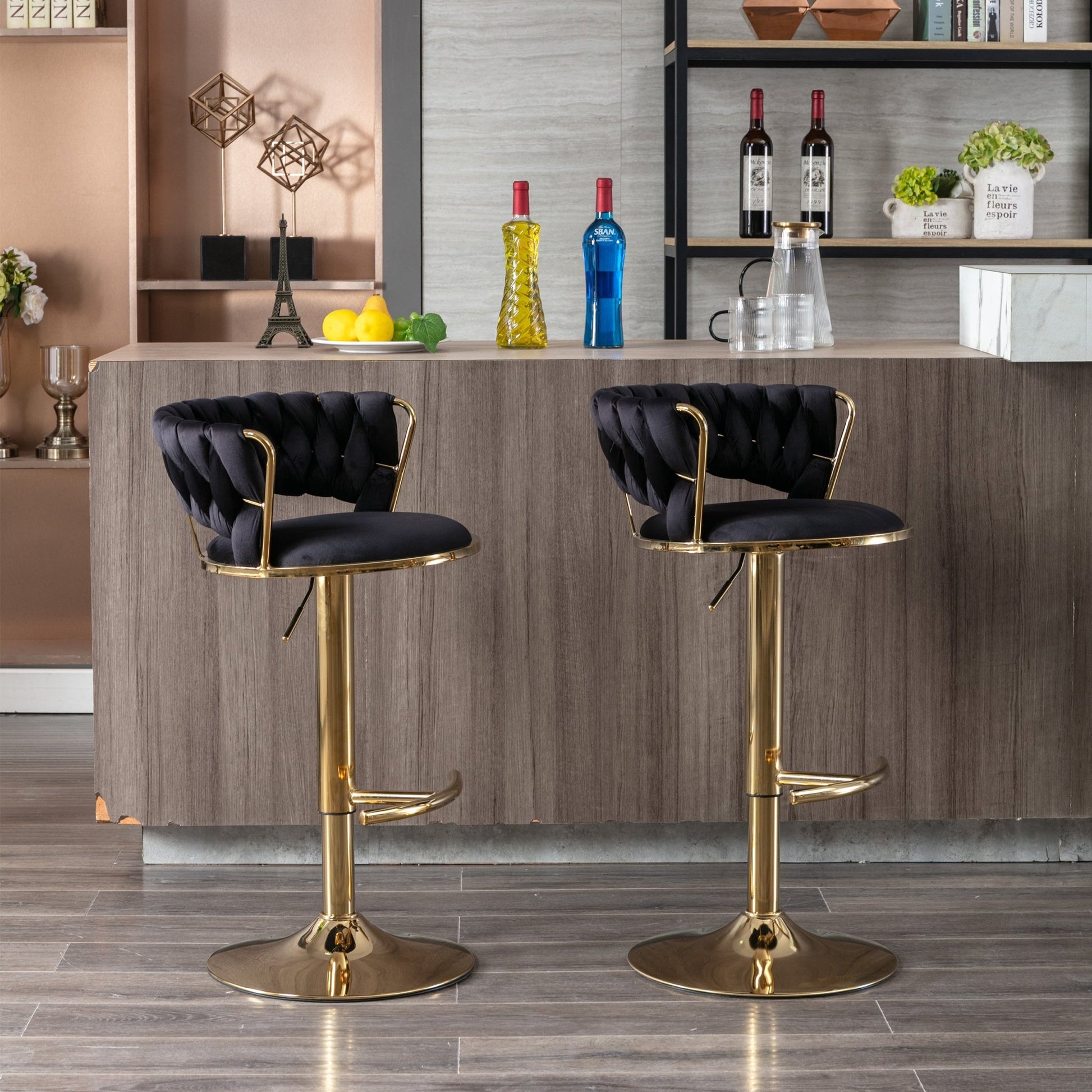 Set of 2 Bar Stools,with Chrome Footrest and Base Swivel Height Adjustable Mechanical Lifting Velvet + Golden Leg Simple Bar Stool - Black - 1st Choice Furniture Direct