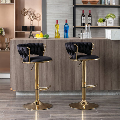 Set of 2 Bar Stools,with Chrome Footrest and Base Swivel Height Adjustable Mechanical Lifting Velvet + Golden Leg Simple Bar Stool - Black - 1st Choice Furniture Direct