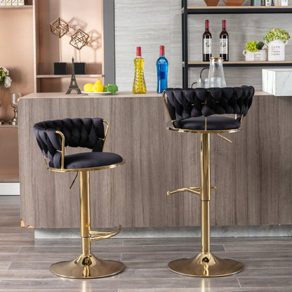 Set of 2 Bar Stools,with Chrome Footrest and Base Swivel Height Adjustable Mechanical Lifting Velvet + Golden Leg Simple Bar Stool - Black - 1st Choice Furniture Direct