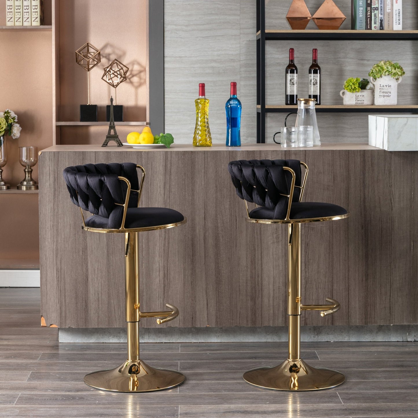Set of 2 Bar Stools,with Chrome Footrest and Base Swivel Height Adjustable Mechanical Lifting Velvet + Golden Leg Simple Bar Stool - Black - 1st Choice Furniture Direct