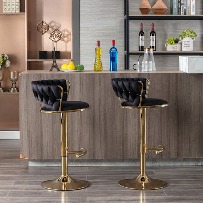 Set of 2 Bar Stools,with Chrome Footrest and Base Swivel Height Adjustable Mechanical Lifting Velvet + Golden Leg Simple Bar Stool - Black - 1st Choice Furniture Direct