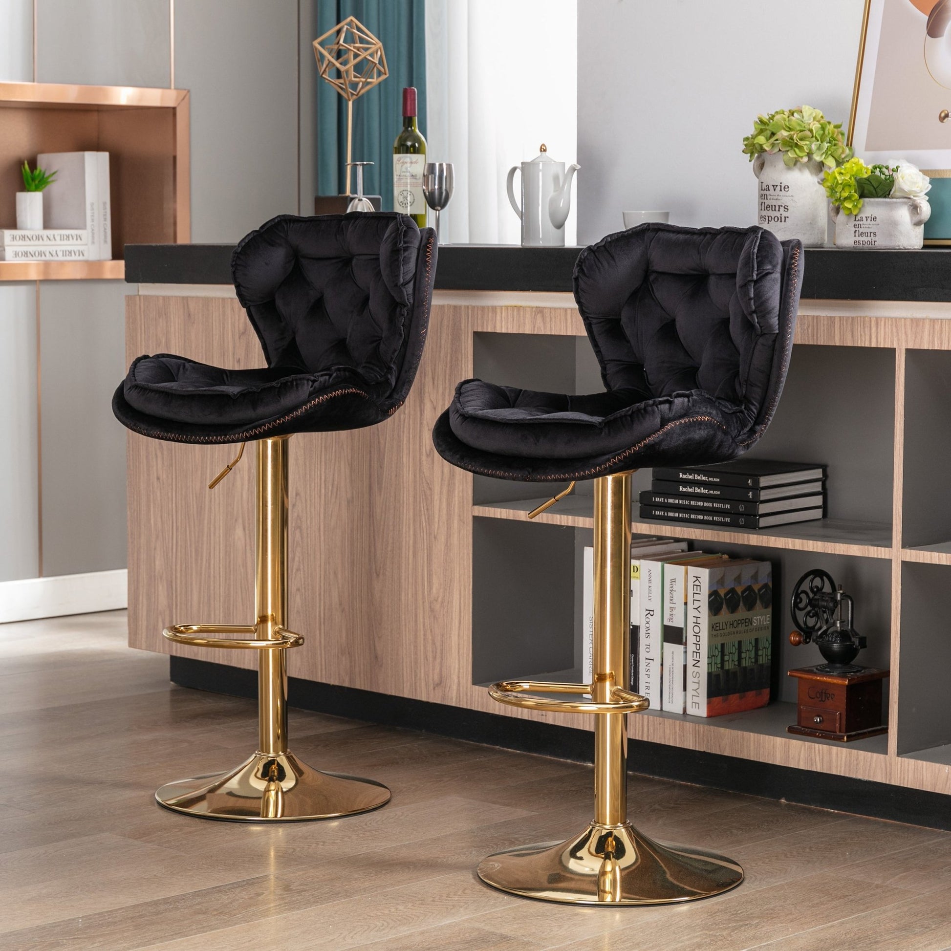 Set of 2 Bar Stools,with Chrome Footrest and Base Swivel Height Adjustable Mechanical Lifting Velvet + Golden Leg Simple Bar Stool - black - 1st Choice Furniture Direct