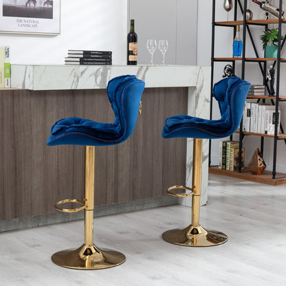Set of 2 Bar Stools,with Chrome Footrest and Base Swivel Height Adjustable Mechanical Lifting Velvet + Golden Leg Simple Bar Stool - blue - 1st Choice Furniture Direct