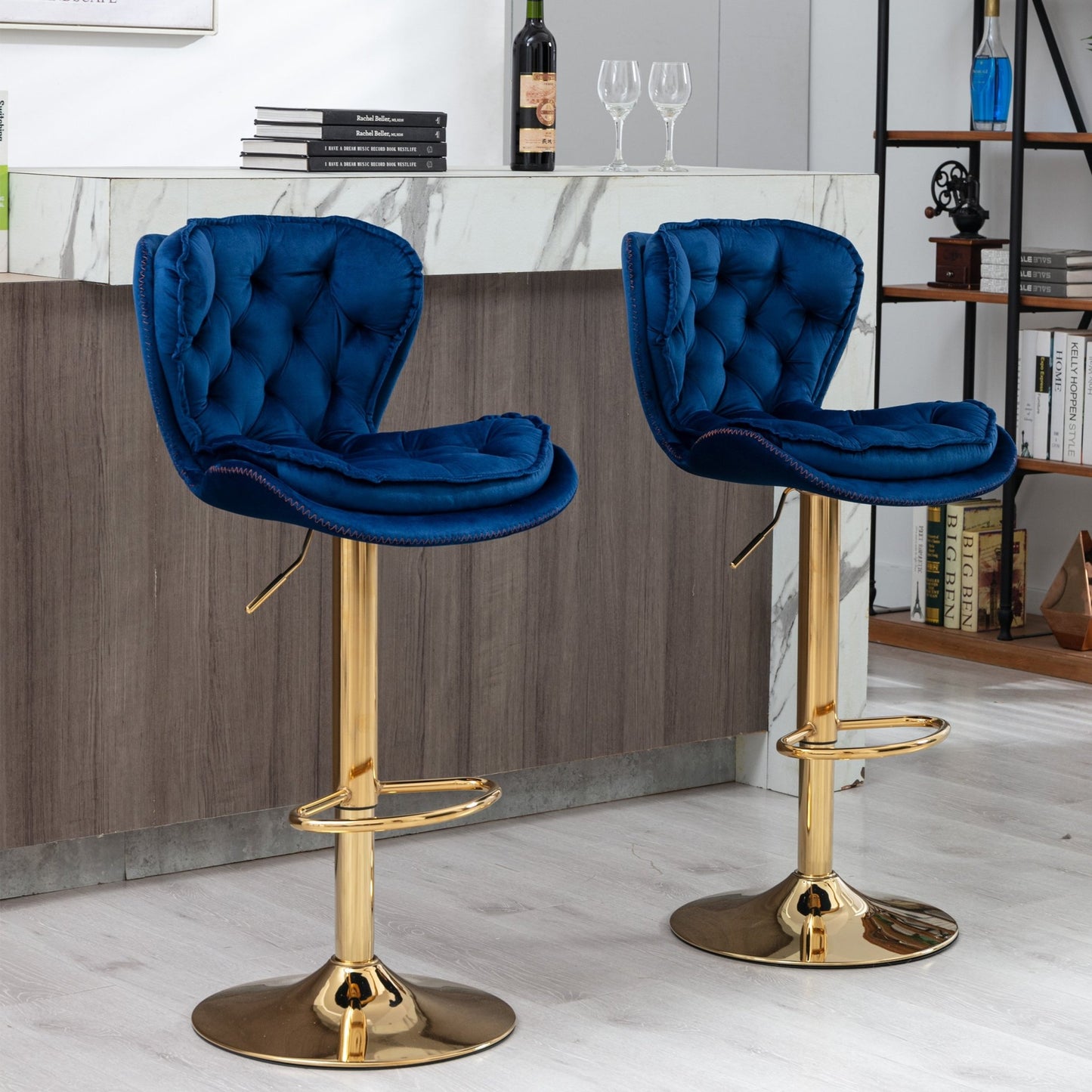 Set of 2 Bar Stools,with Chrome Footrest and Base Swivel Height Adjustable Mechanical Lifting Velvet + Golden Leg Simple Bar Stool - blue - 1st Choice Furniture Direct