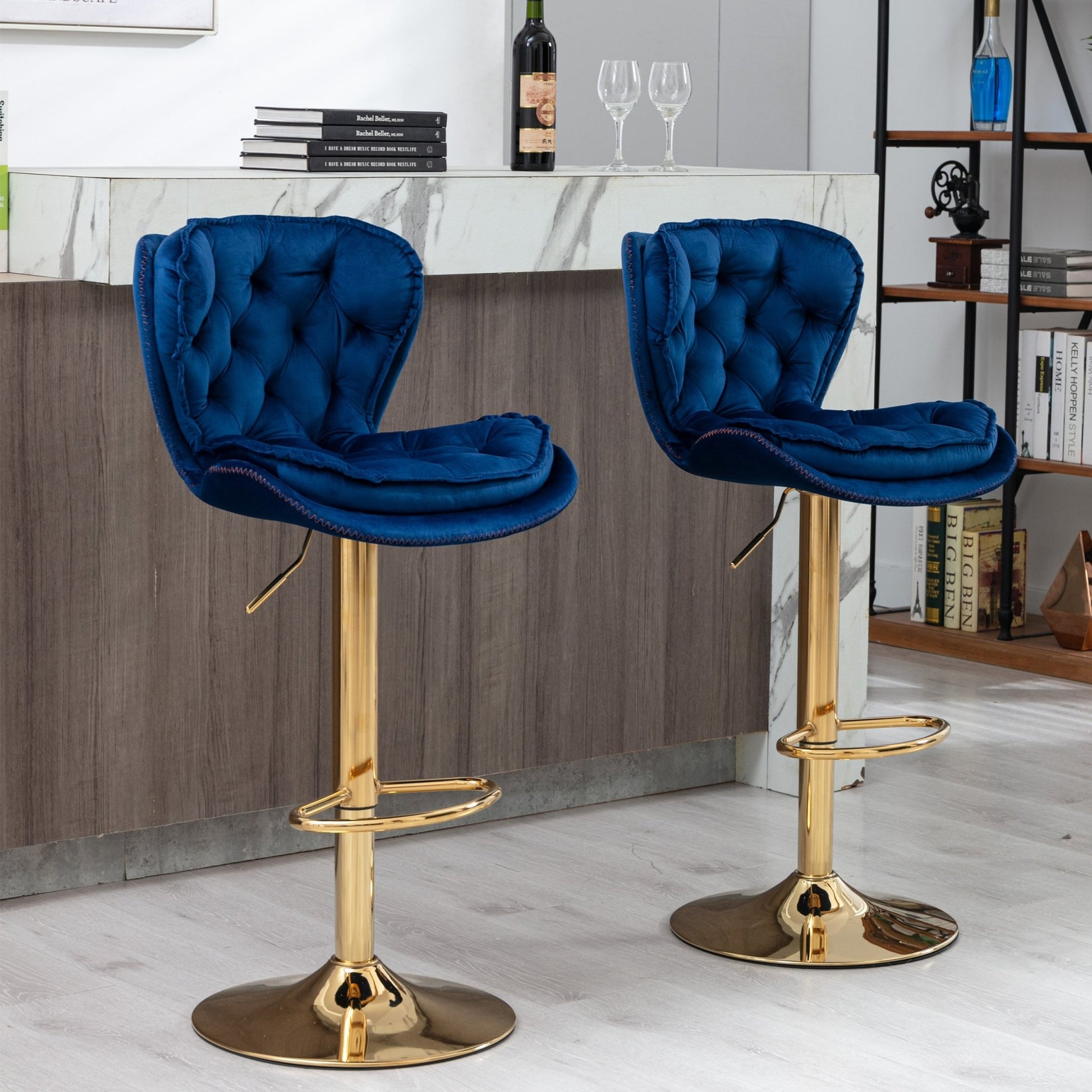 Set of 2 Bar Stools,with Chrome Footrest and Base Swivel Height Adjustable Mechanical Lifting Velvet + Golden Leg Simple Bar Stool - blue - 1st Choice Furniture Direct