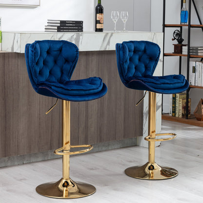 Set of 2 Bar Stools,with Chrome Footrest and Base Swivel Height Adjustable Mechanical Lifting Velvet + Golden Leg Simple Bar Stool - blue - 1st Choice Furniture Direct