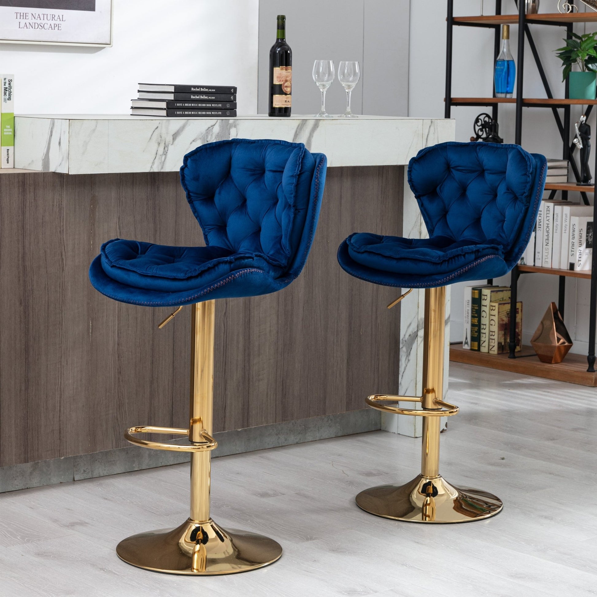 Set of 2 Bar Stools,with Chrome Footrest and Base Swivel Height Adjustable Mechanical Lifting Velvet + Golden Leg Simple Bar Stool - blue - 1st Choice Furniture Direct