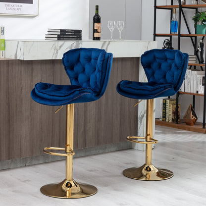 Set of 2 Bar Stools,with Chrome Footrest and Base Swivel Height Adjustable Mechanical Lifting Velvet + Golden Leg Simple Bar Stool - blue - 1st Choice Furniture Direct