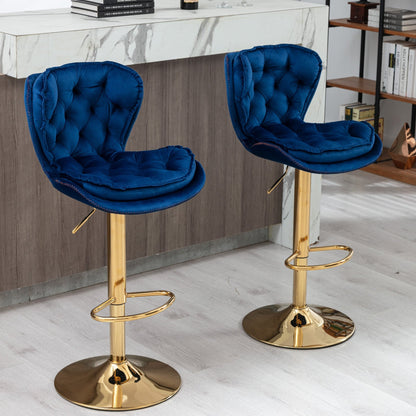 Set of 2 Bar Stools,with Chrome Footrest and Base Swivel Height Adjustable Mechanical Lifting Velvet + Golden Leg Simple Bar Stool - blue - 1st Choice Furniture Direct