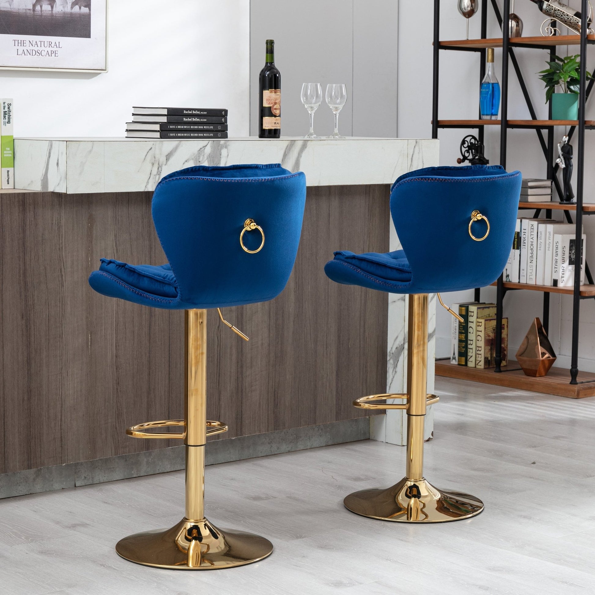 Set of 2 Bar Stools,with Chrome Footrest and Base Swivel Height Adjustable Mechanical Lifting Velvet + Golden Leg Simple Bar Stool - blue - 1st Choice Furniture Direct