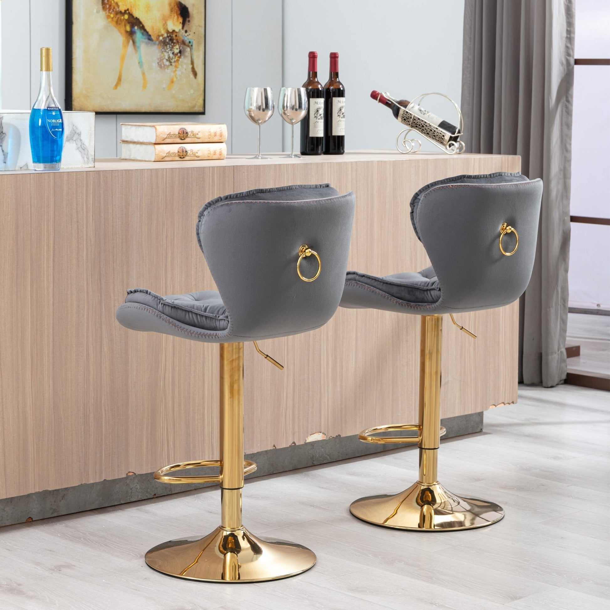 Set of 2 Bar Stools,with Chrome Footrest and Base Swivel Height Adjustable Mechanical Lifting Velvet + Golden Leg Simple Bar Stool - gray - 1st Choice Furniture Direct