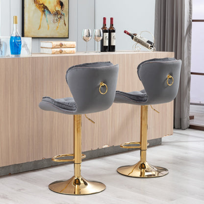 Set of 2 Bar Stools,with Chrome Footrest and Base Swivel Height Adjustable Mechanical Lifting Velvet + Golden Leg Simple Bar Stool - gray - 1st Choice Furniture Direct