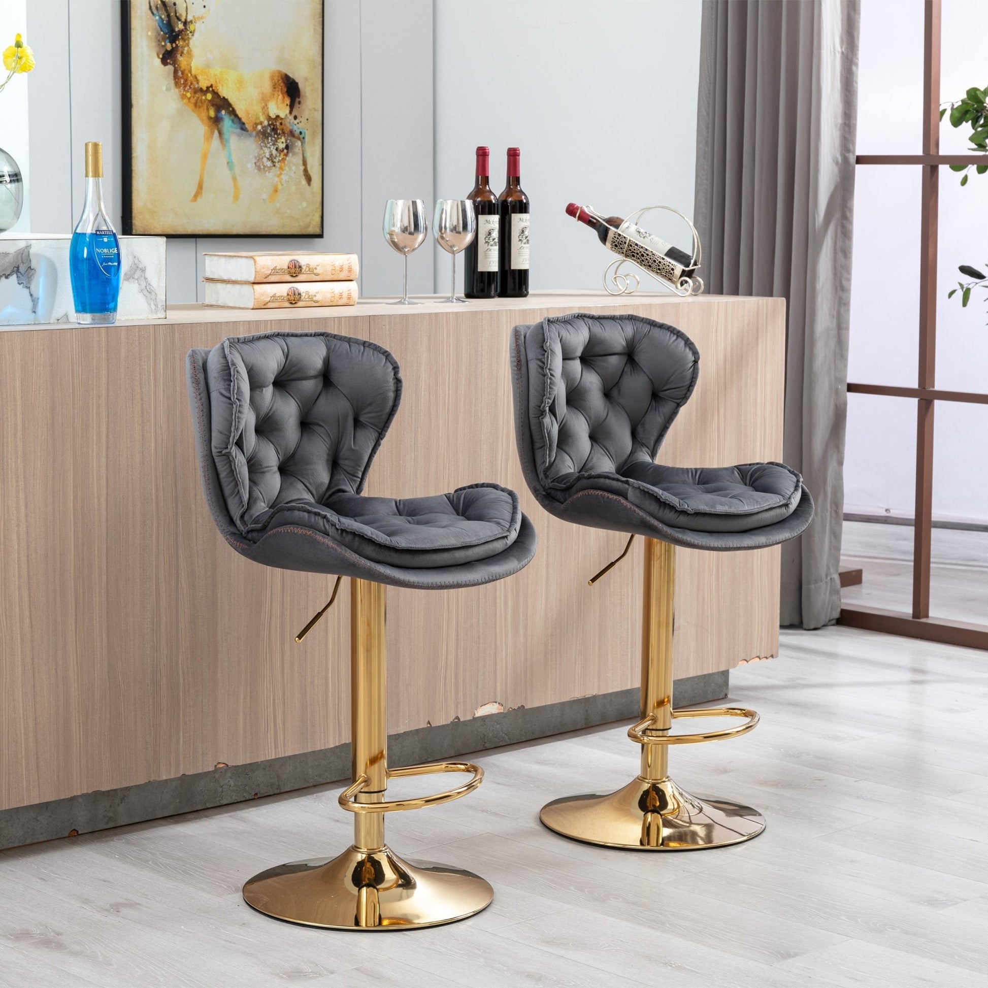 Set of 2 Bar Stools,with Chrome Footrest and Base Swivel Height Adjustable Mechanical Lifting Velvet + Golden Leg Simple Bar Stool - gray - 1st Choice Furniture Direct