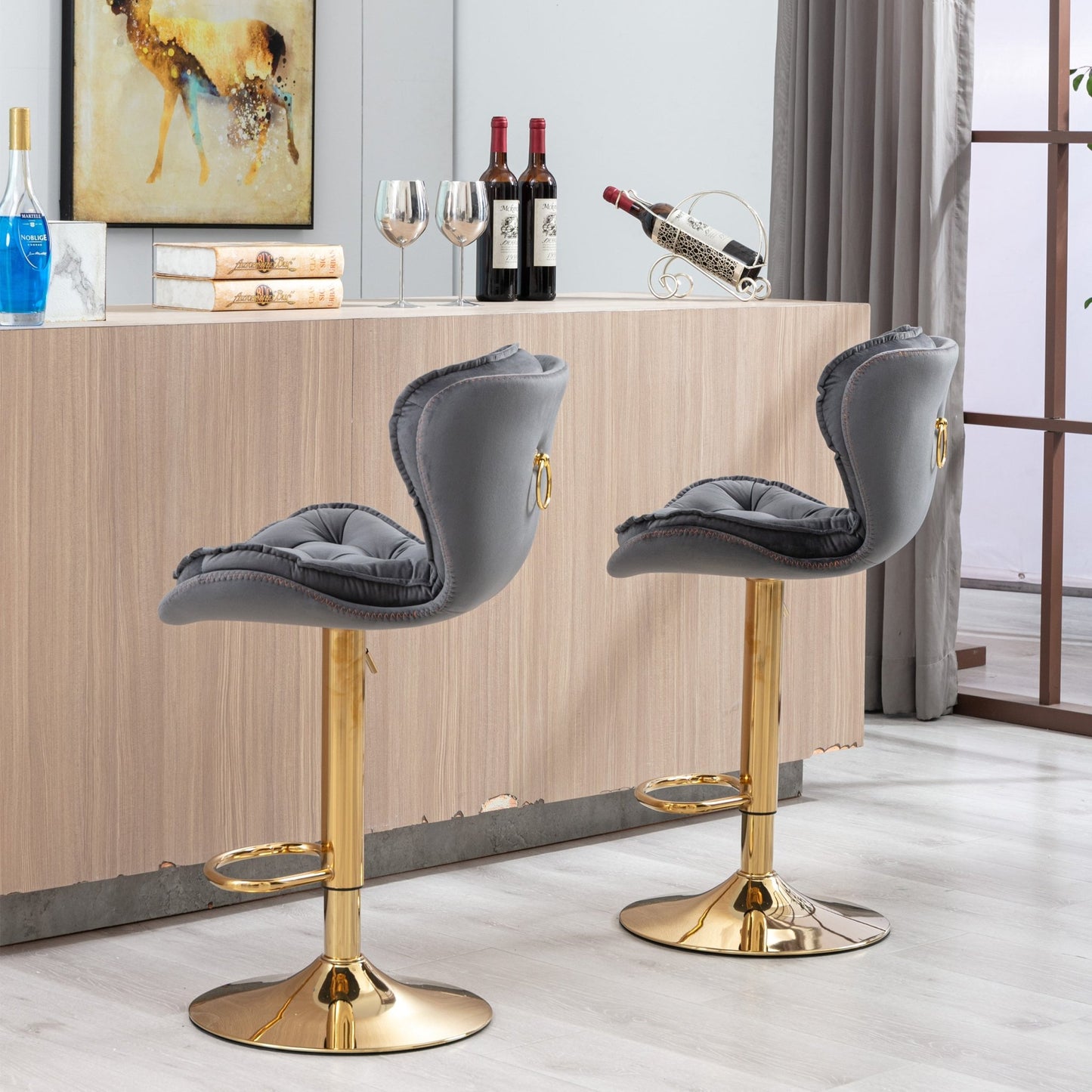 Set of 2 Bar Stools,with Chrome Footrest and Base Swivel Height Adjustable Mechanical Lifting Velvet + Golden Leg Simple Bar Stool - gray - 1st Choice Furniture Direct